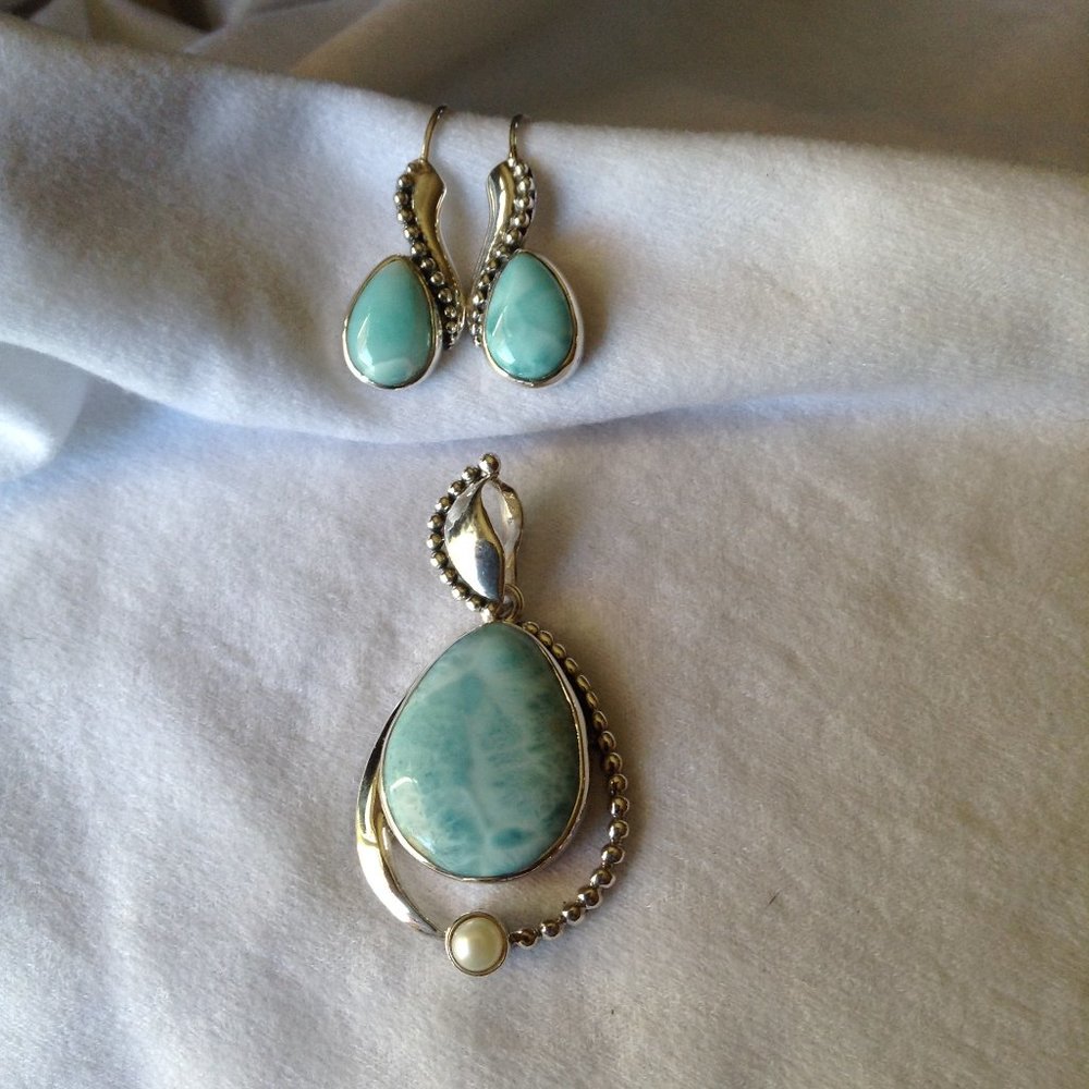 Sajen Larimar Pendant Pearl Accent Sterling Silver with Matching Earrings - Picture 2 of 16